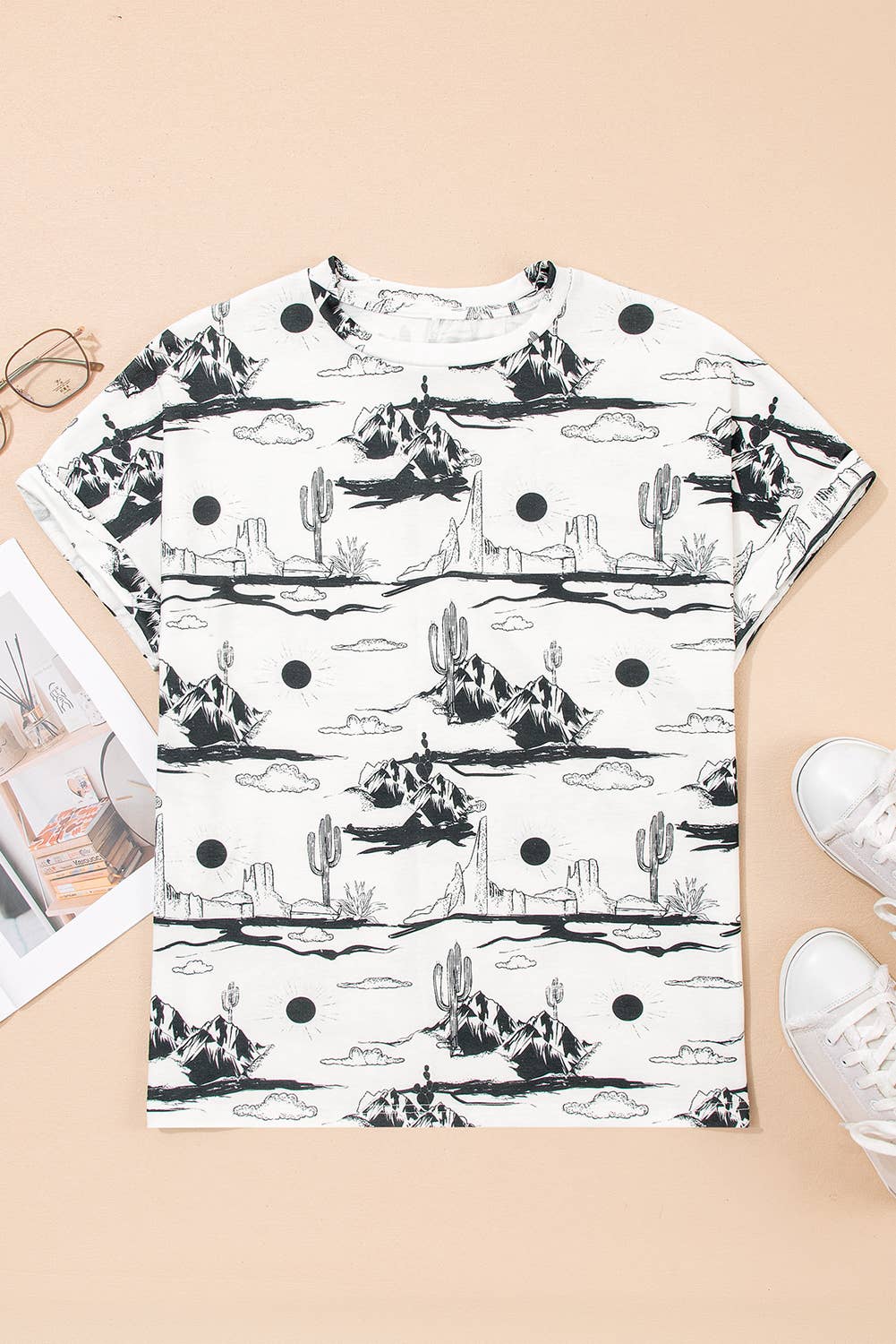 Western Desert Sand Print Short Sleeve Knit Top: White