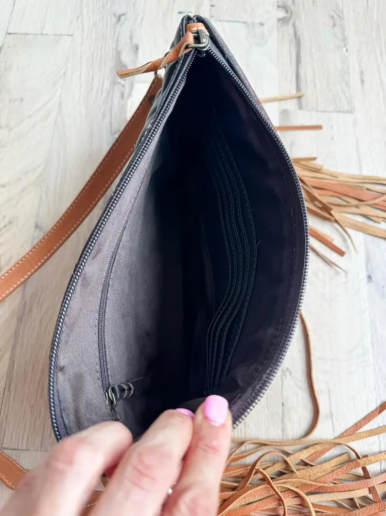 LAINEY CROSSBODY steer longhorn -quilted leather purse bag: BLACK