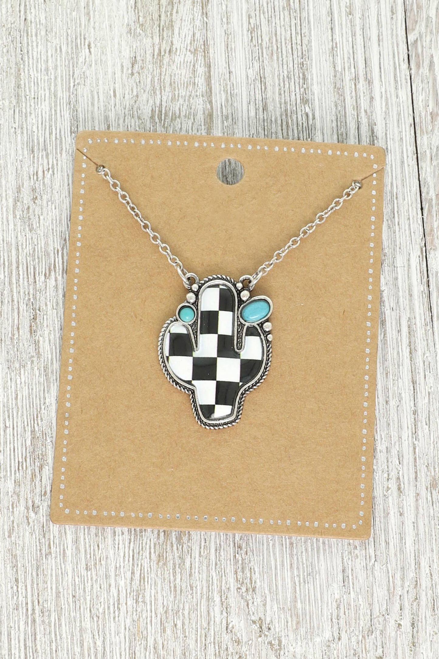 Western Checkerboard Cactus Pendant Necklace
