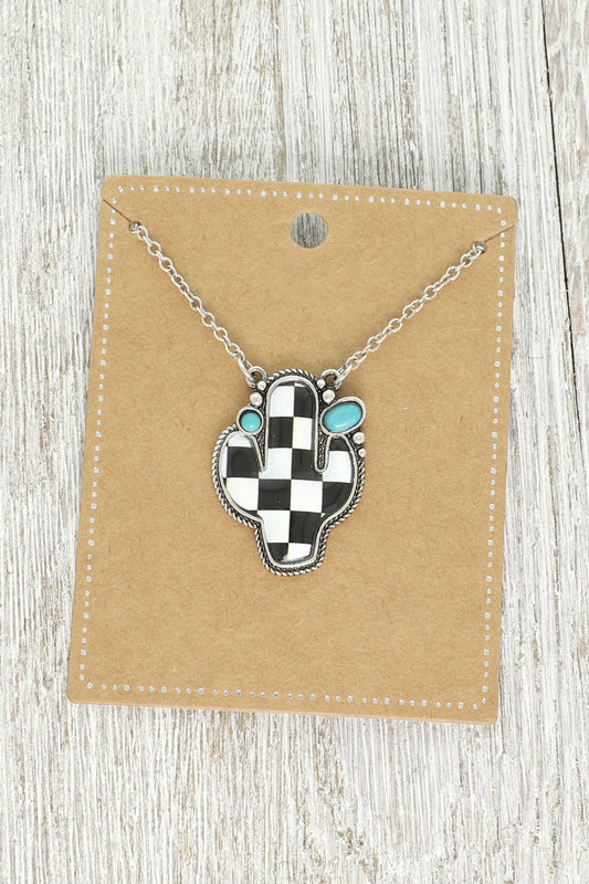 Western Checkerboard Cactus Pendant Necklace