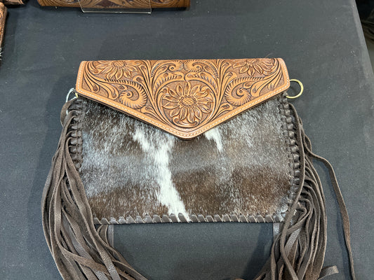 Cowhide Crossbody with Fringe - Brown Tooled Leather