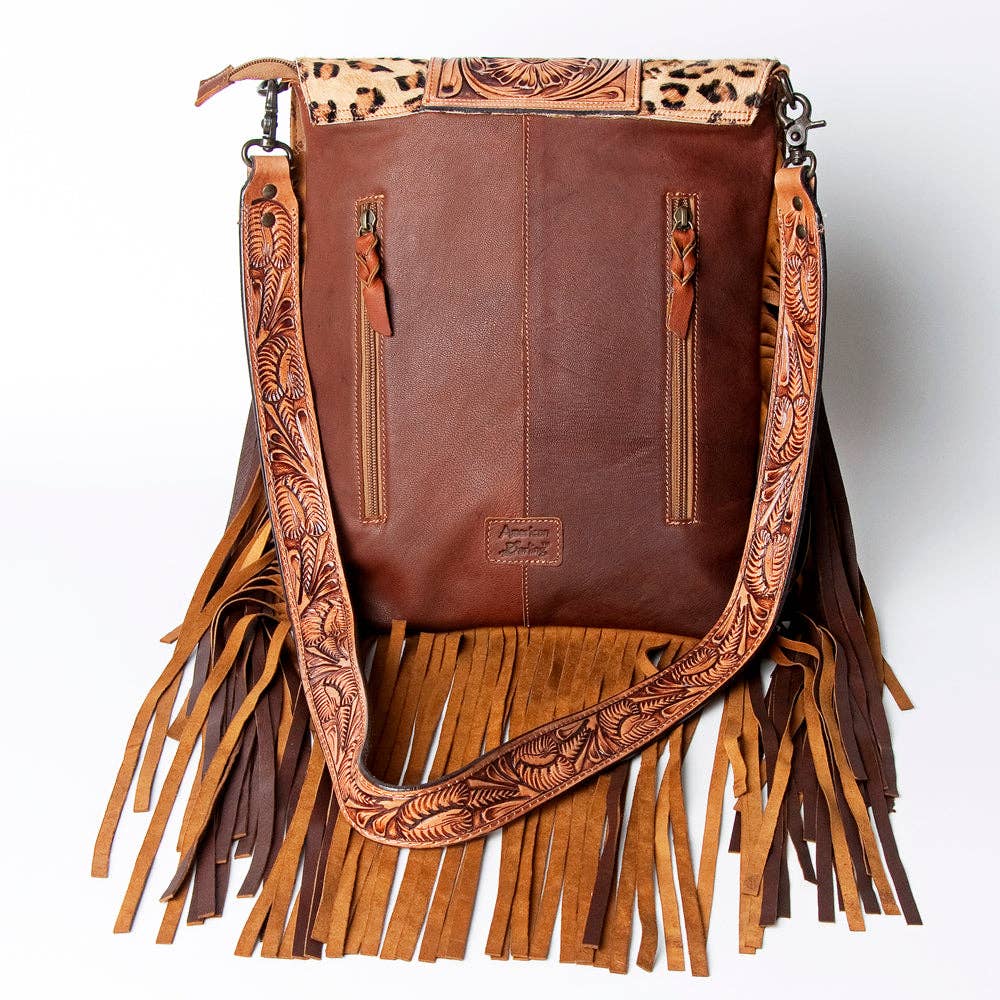 LC-ADBGZ124A Leopard Print Messenger Bag with Fringe and Tooled Leather Flap