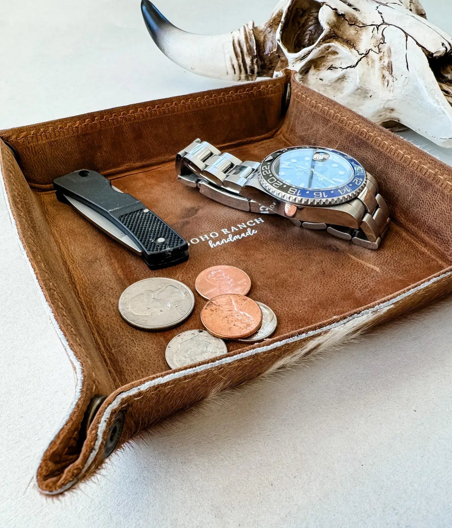 COWHIDE LEATHER TRAY - jewelry storage keys : TAN