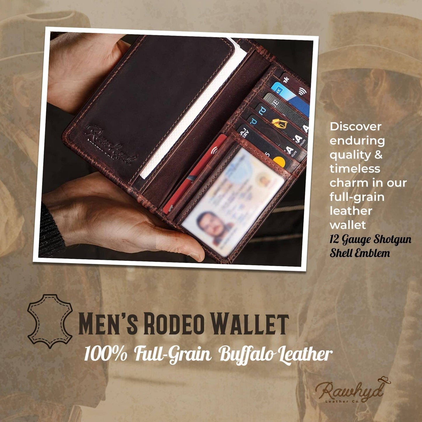 Shotgun Shell Hunting Wallet - Full-Grain Leather Long Wallets for Men - RFID Blocking Wallet – Western Wallets for Men w/ 8 Card Slots & Money or Checkbook Sleeve