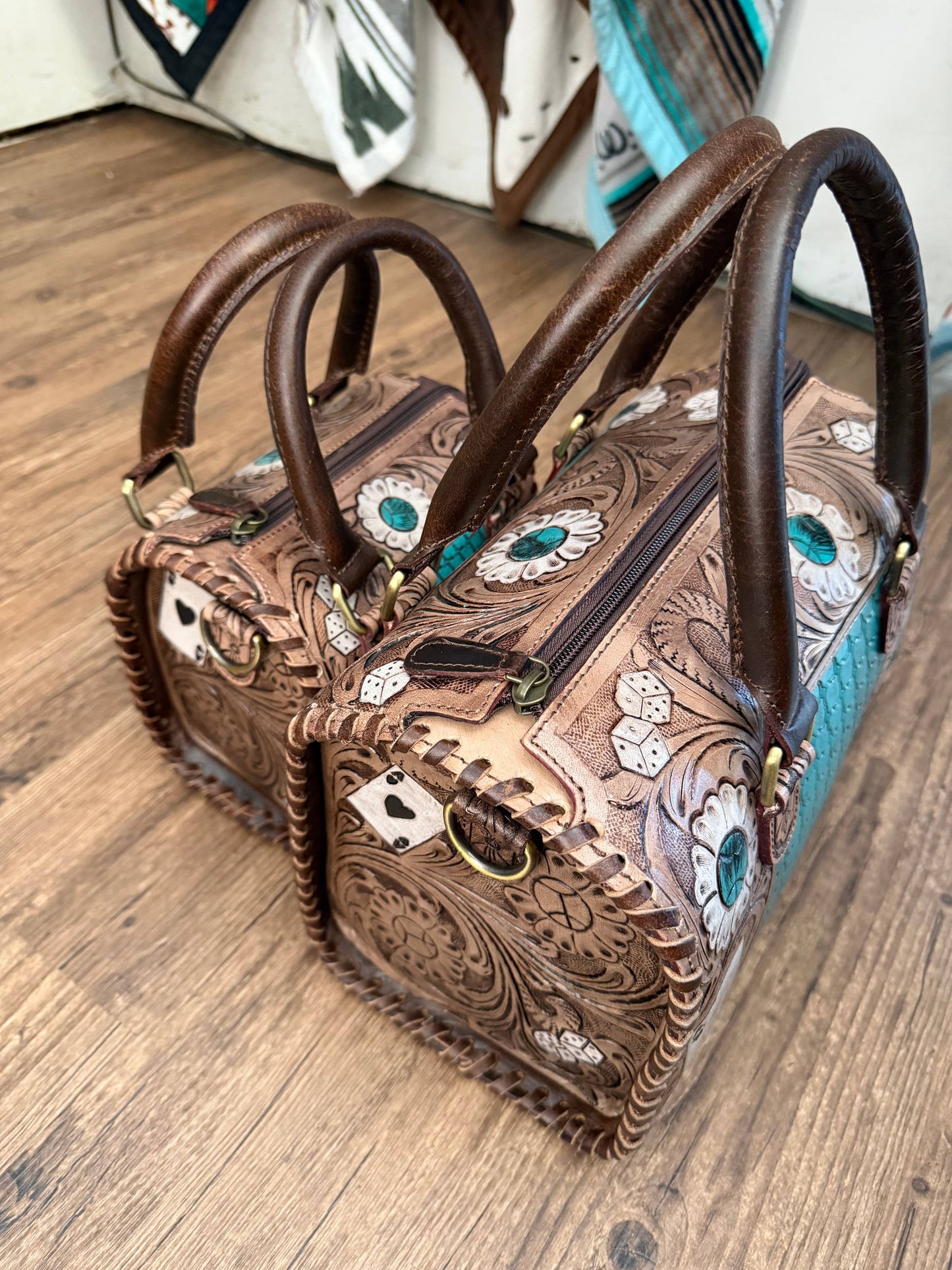 Aces Turquoise Tooled Leather Western Speedy Purse   : Small