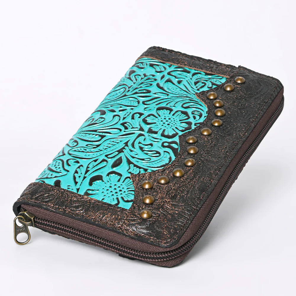 SKBG276 Genuine Leather Wallet: Dark Brown with Turquoise