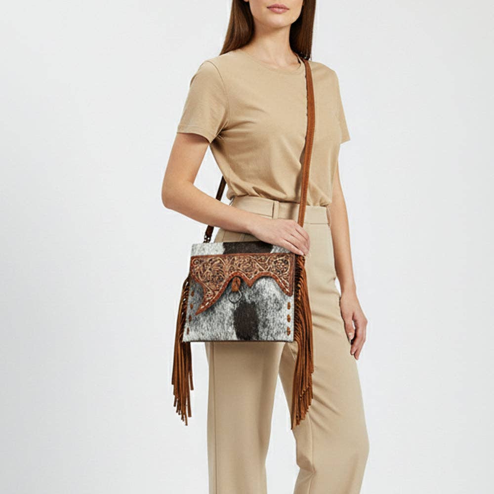 ADBG1589 American Darling Hair-On Cowhide Western Leather Wristlet Bag with Tooled Floral Detailing & Fringe: ADBG1589 1