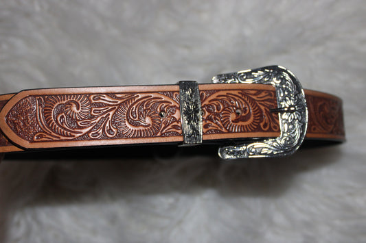 Hand Tooled Leather Belt with Silver Buckle - Tan