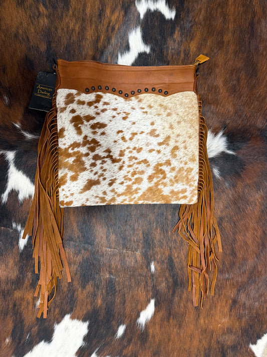 LC-ADBGZ161 Cowhide & Tooled Leather Crossbody Bag with Fringe - Western Style