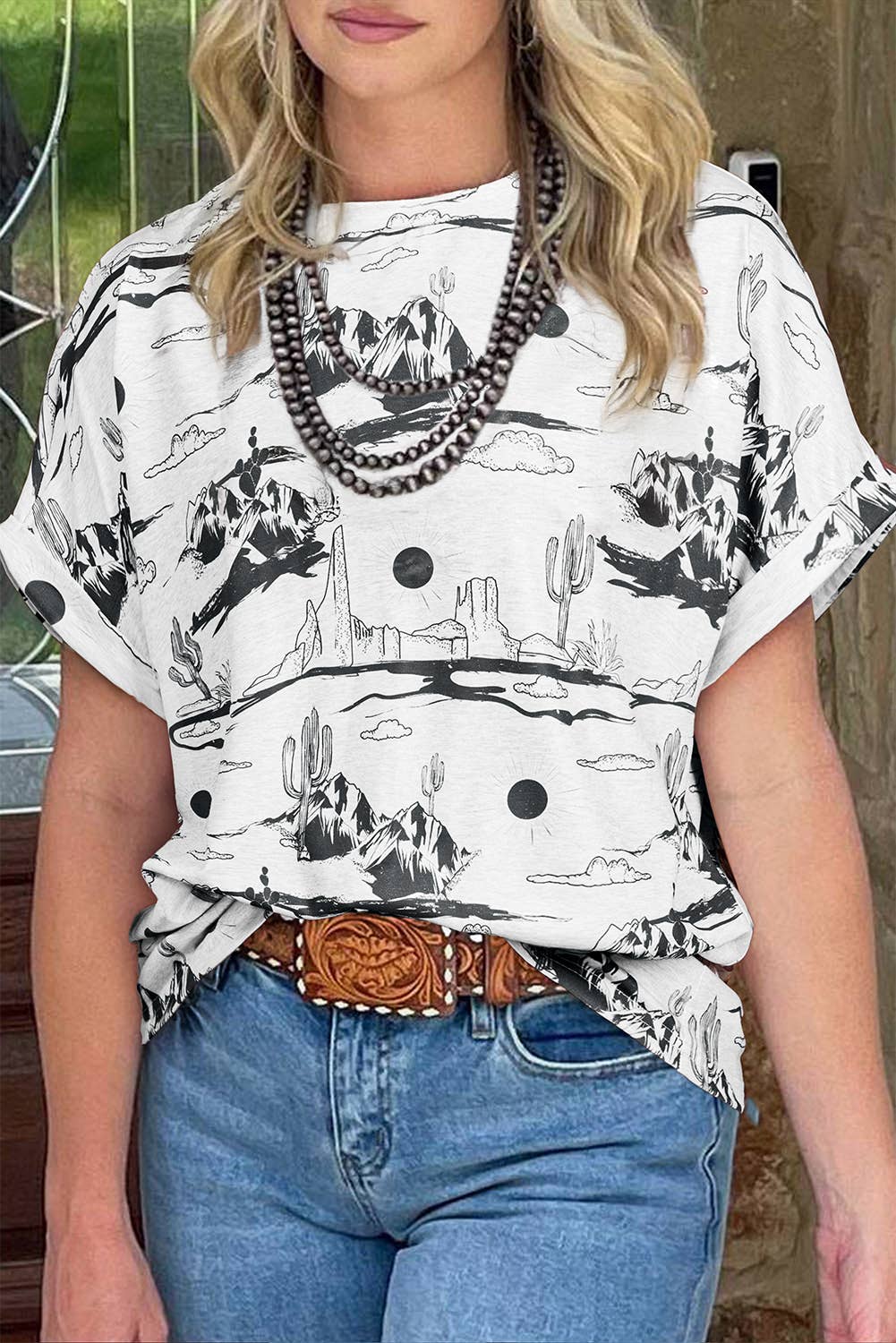 Western Desert Sand Print Short Sleeve Knit Top: White