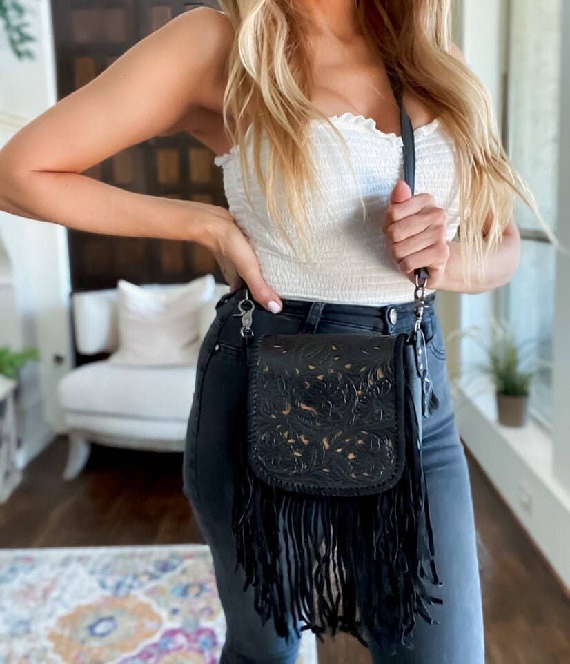 THE LEXIE CROSSBODY - BLACK - Laser Cut Crossbody Purse: Medium