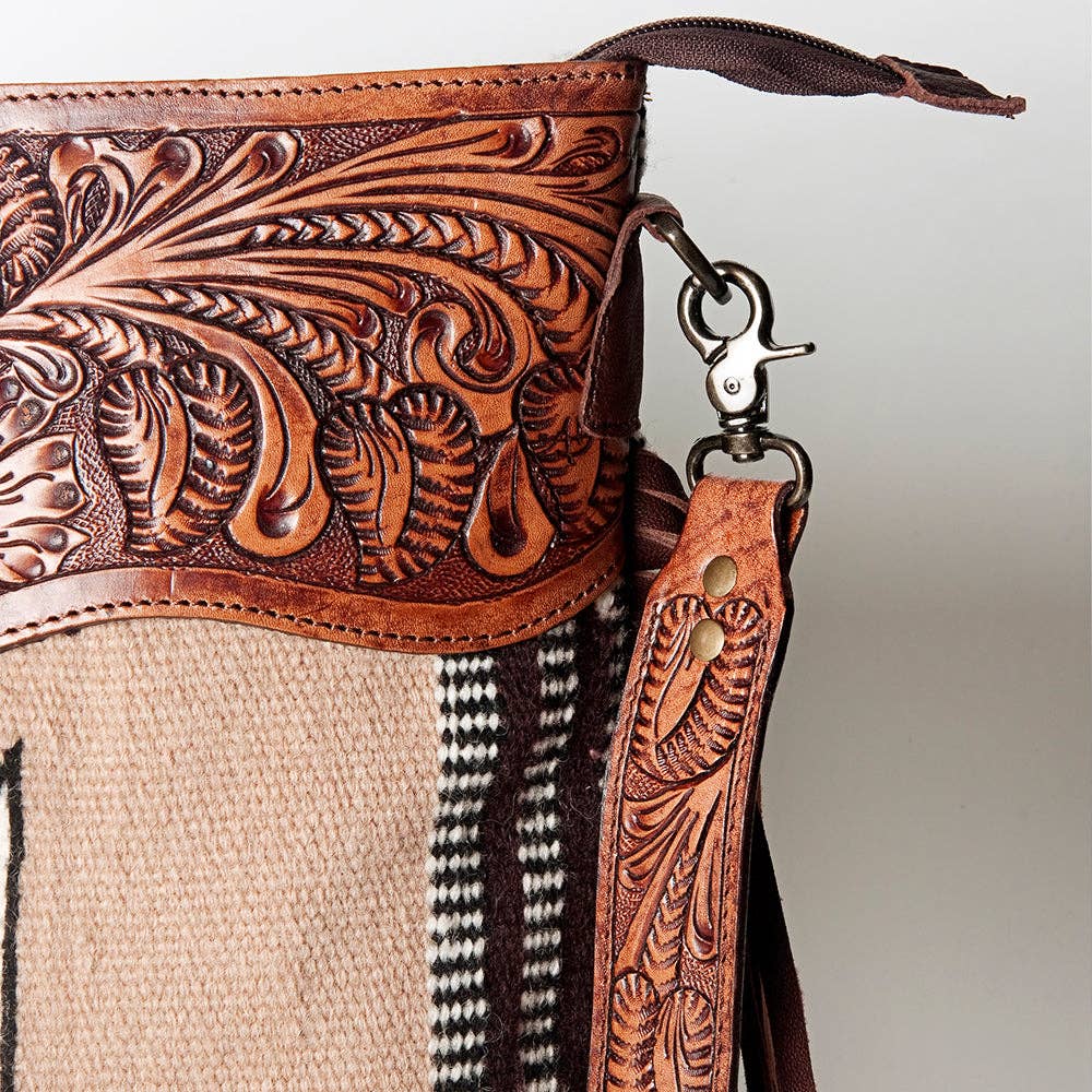 LC-ADBGZ577 Beige Southwestern Woven Crossbody Bag - Floral Tooled Leather Trim & Fringe Strap