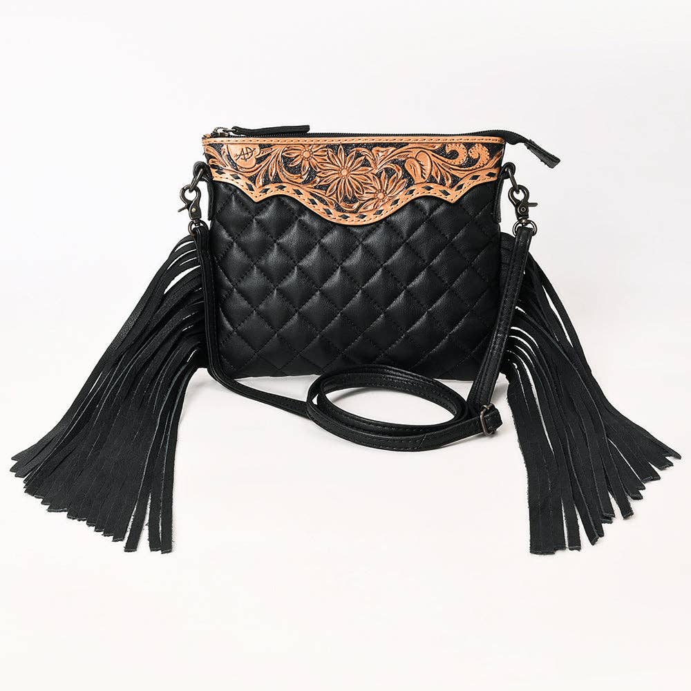 ADBG1683 American Darling Quilted Leather Crossbody Black | Tooled Flap Fringe Purse: ADBG1683