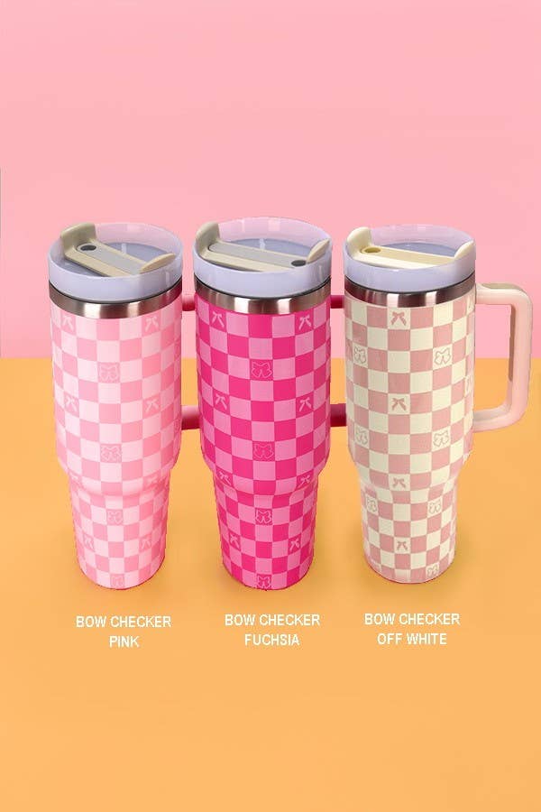 40oz STAINLESS STEEL TUMBLER BOW | TB40OZ: BOW CHECKER FUCHSIA