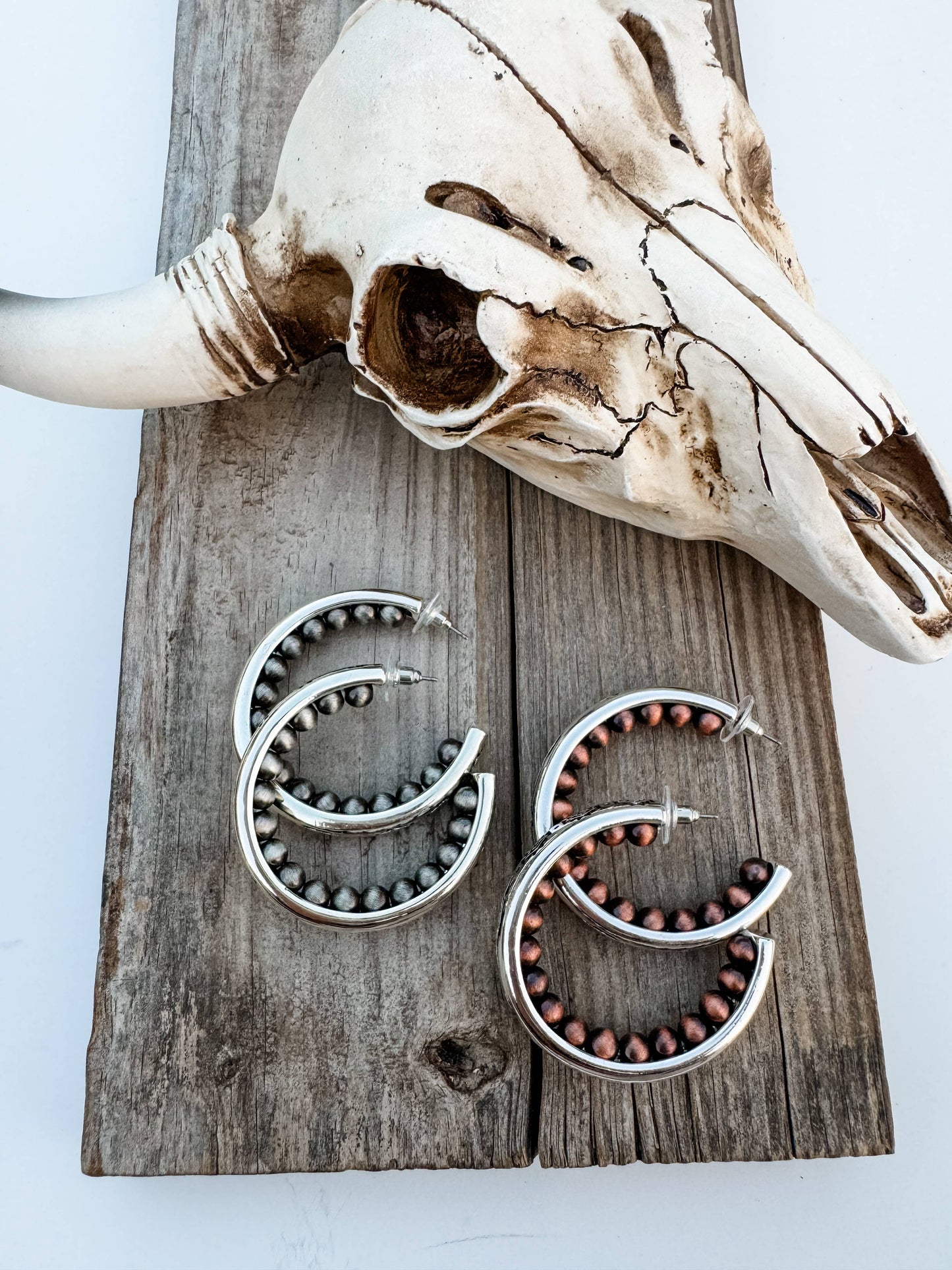 Western Navajo Style Pearl with Aztec Pattern Hoop Earrings: Silver