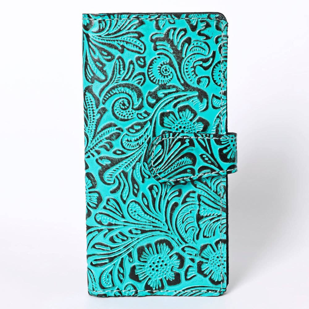 Tooled Turquoise Genuine Leather Western Wallet: KBG295