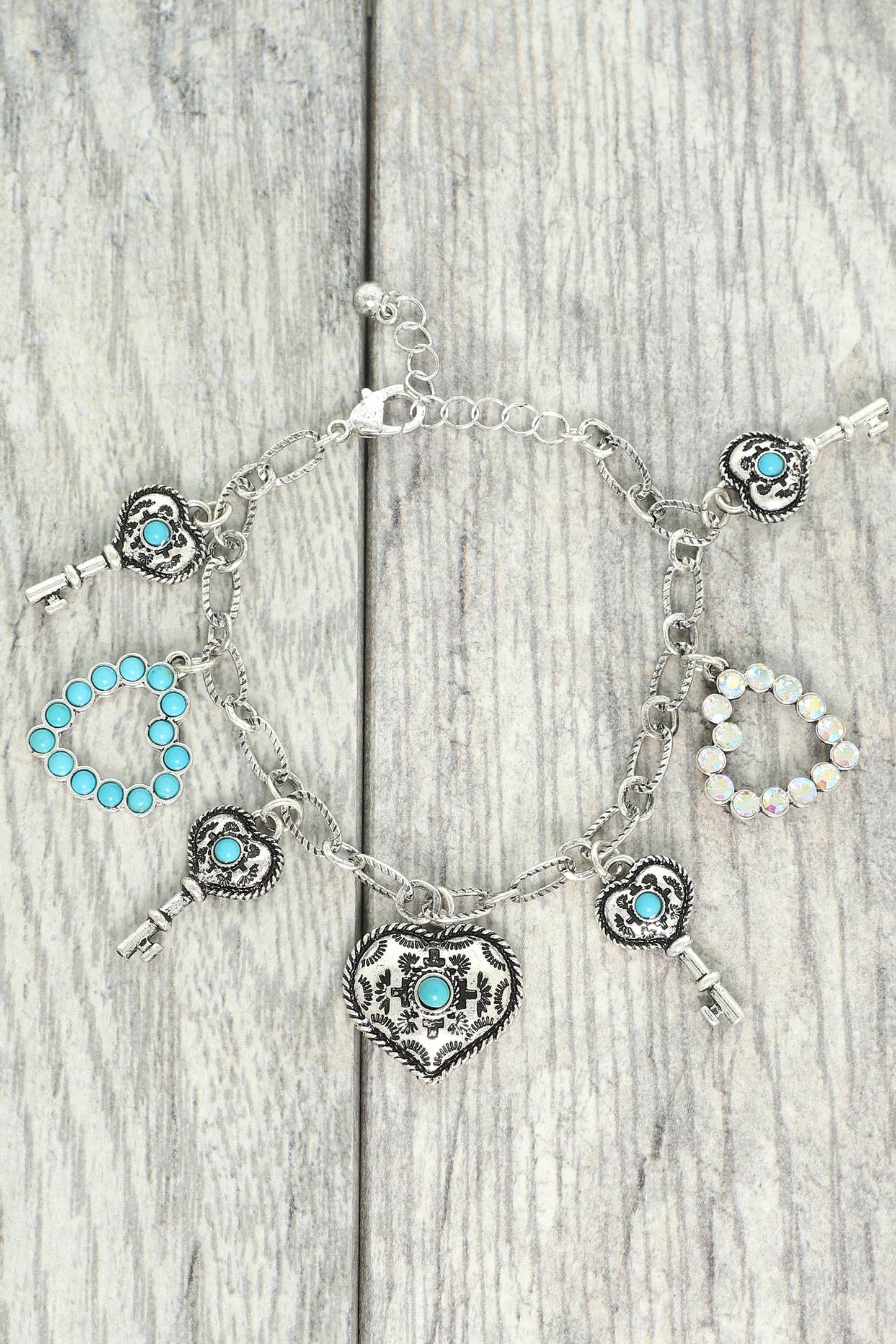 Western Jeweled Heart and Key Charm Bracelet