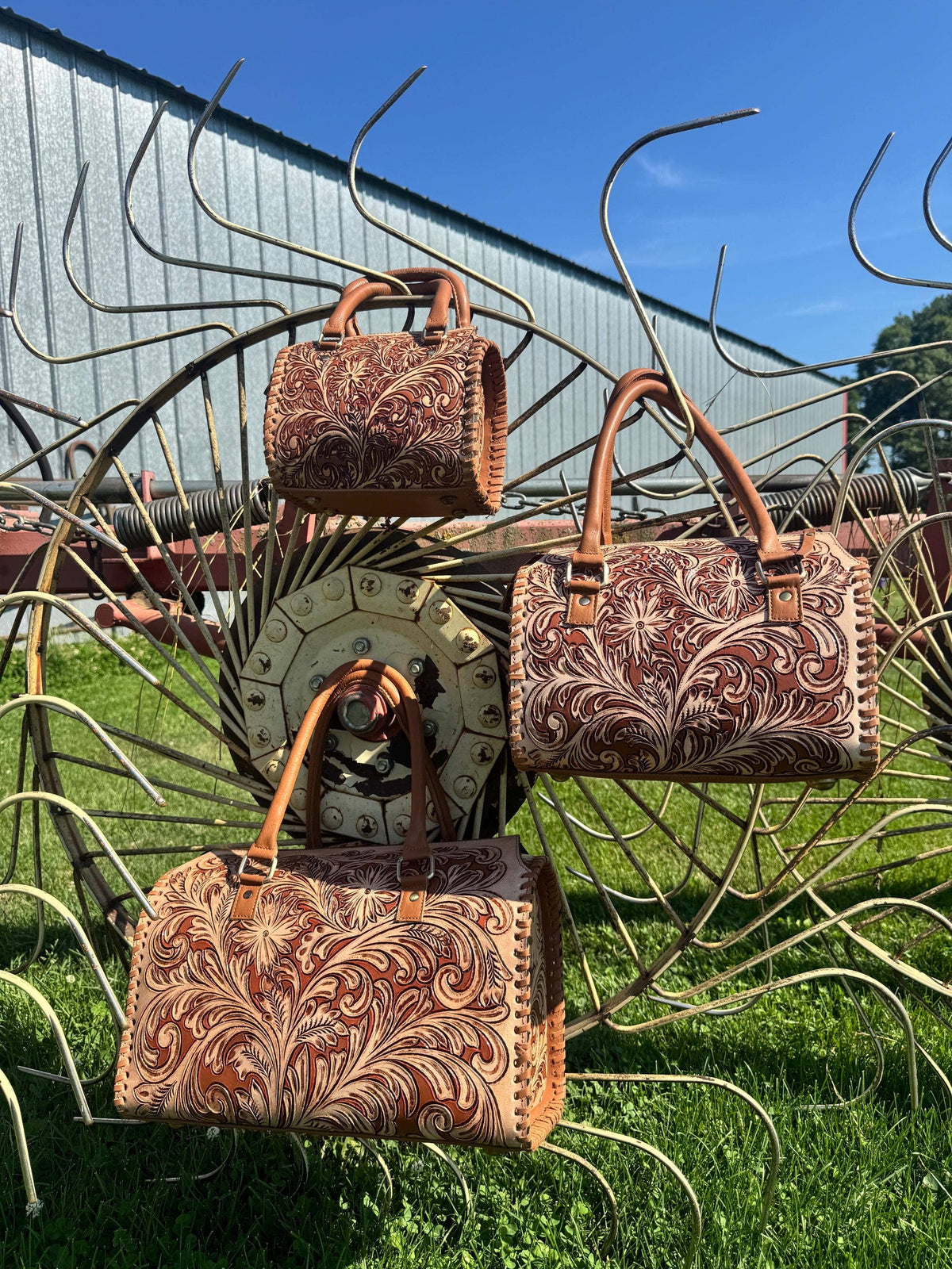 Tan Wild Daisy Heritage Speedy Western Genuine Leather Barrel Bag Purse by Double B: Medium