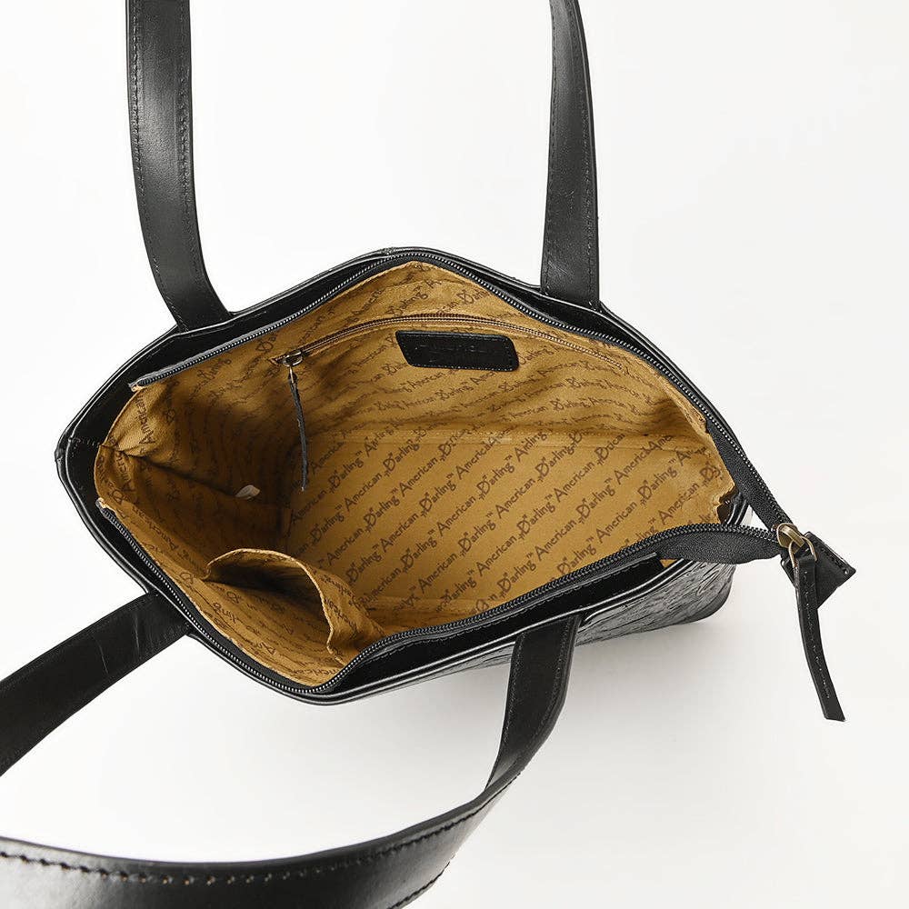 ADBGZ837A Black Hand-Tooled Leather Tote Bag Western Floral Elegance: ADBGZ837A