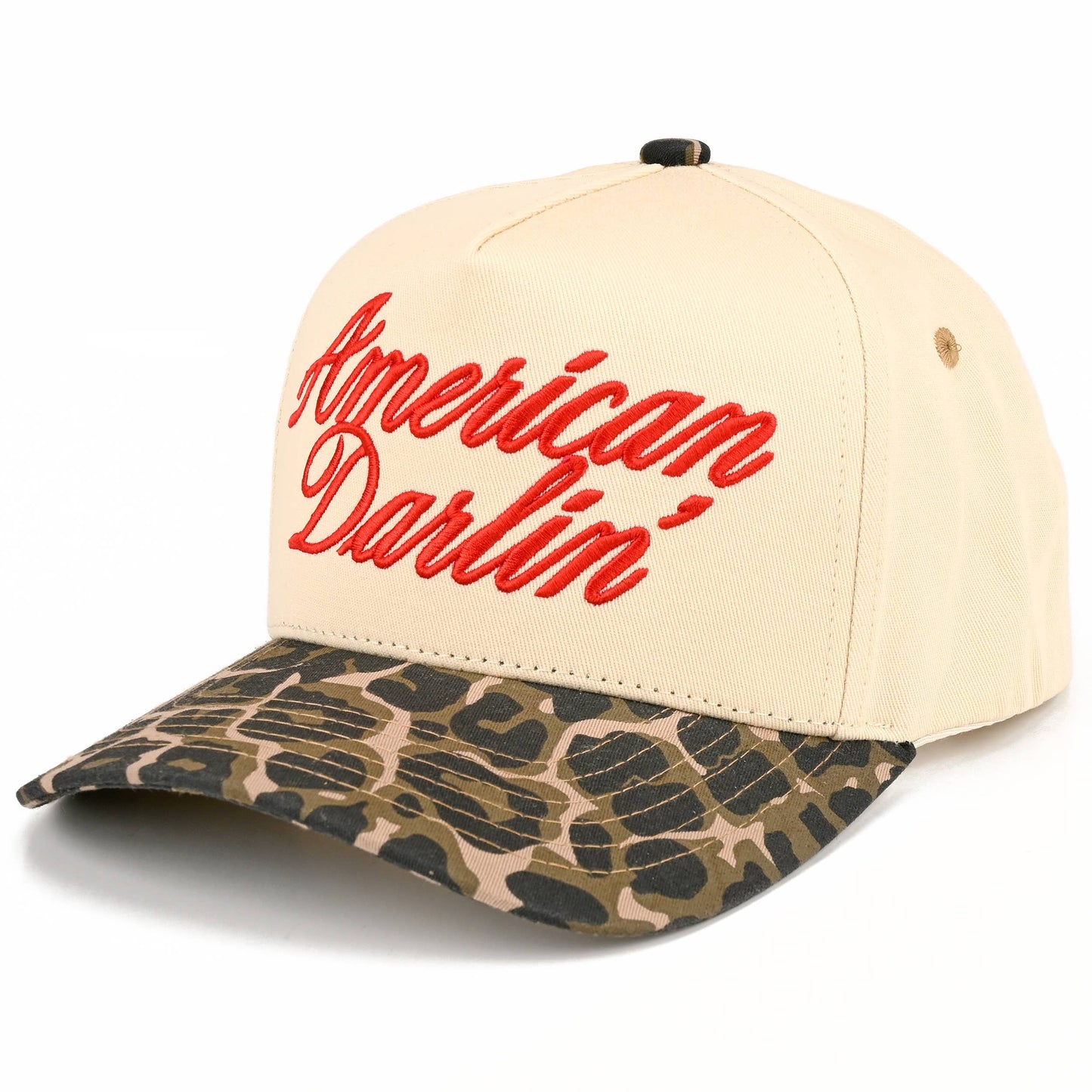 C.C AMERICAN DARLIN' Letter on Two Tone Trucker Hat: Leopard