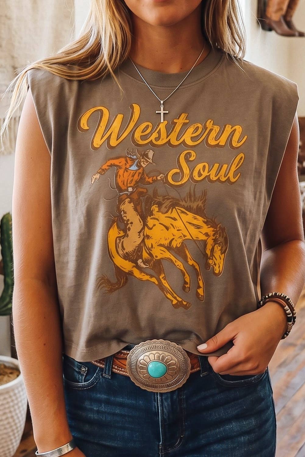 Western Shift Sleeveless Round Neck Tank Tops: Breen