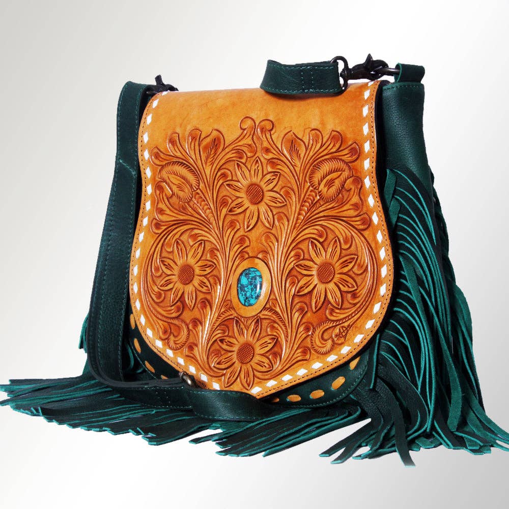 LC-ADBGZ483 Tan & Green Tooled Leather Messenger Bag - Floral Design with Turquoise Accent and Fringe: ADBGZ483
