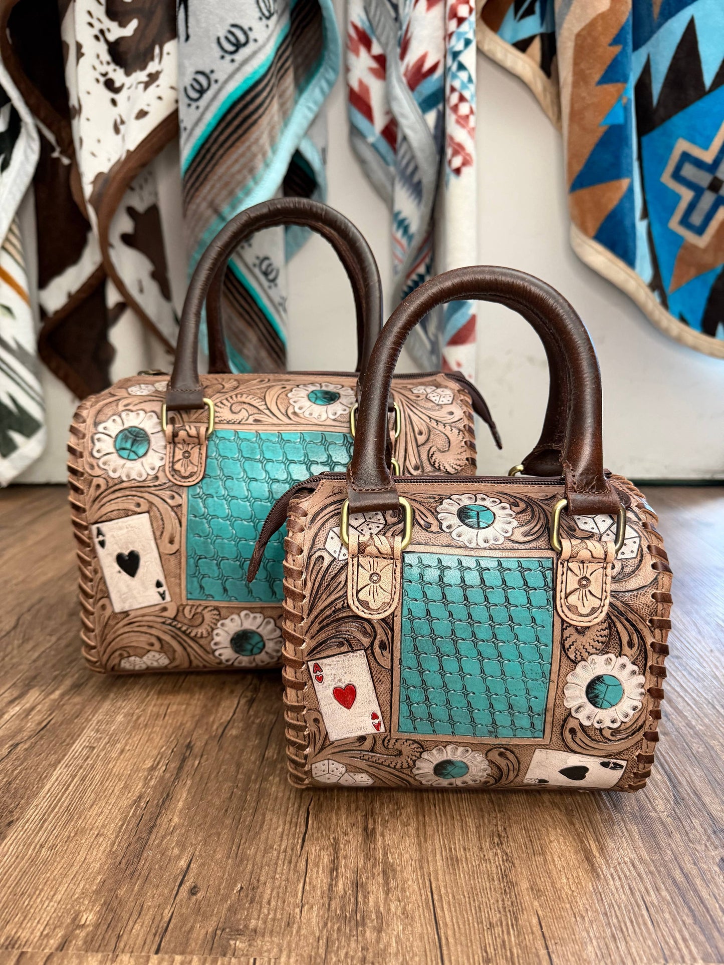Aces Turquoise Tooled Leather Western Speedy Purse   : Small