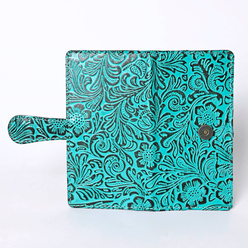 Tooled Turquoise Genuine Leather Western Wallet: KBG295
