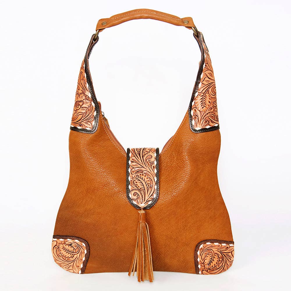 LC-ADBGA237A American Darling Hand-Tooled Leather Hobo Bag Full Grain with Tassel Detail