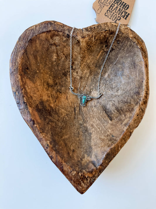 Western Steer Skull Head Necklace: TURQUOISE + SILVER
