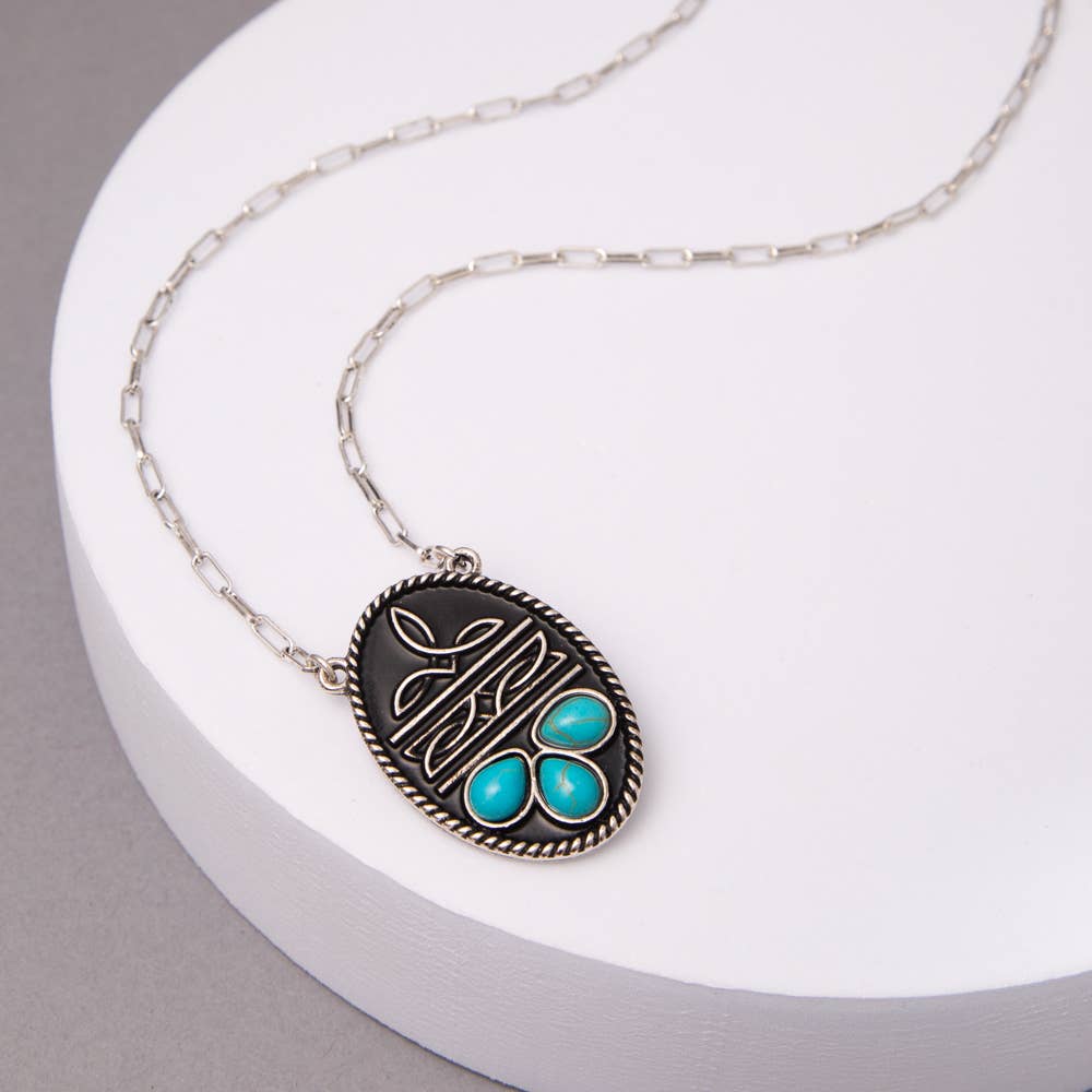 Western Oval Boot Stitch Turquoise Pendant Necklace