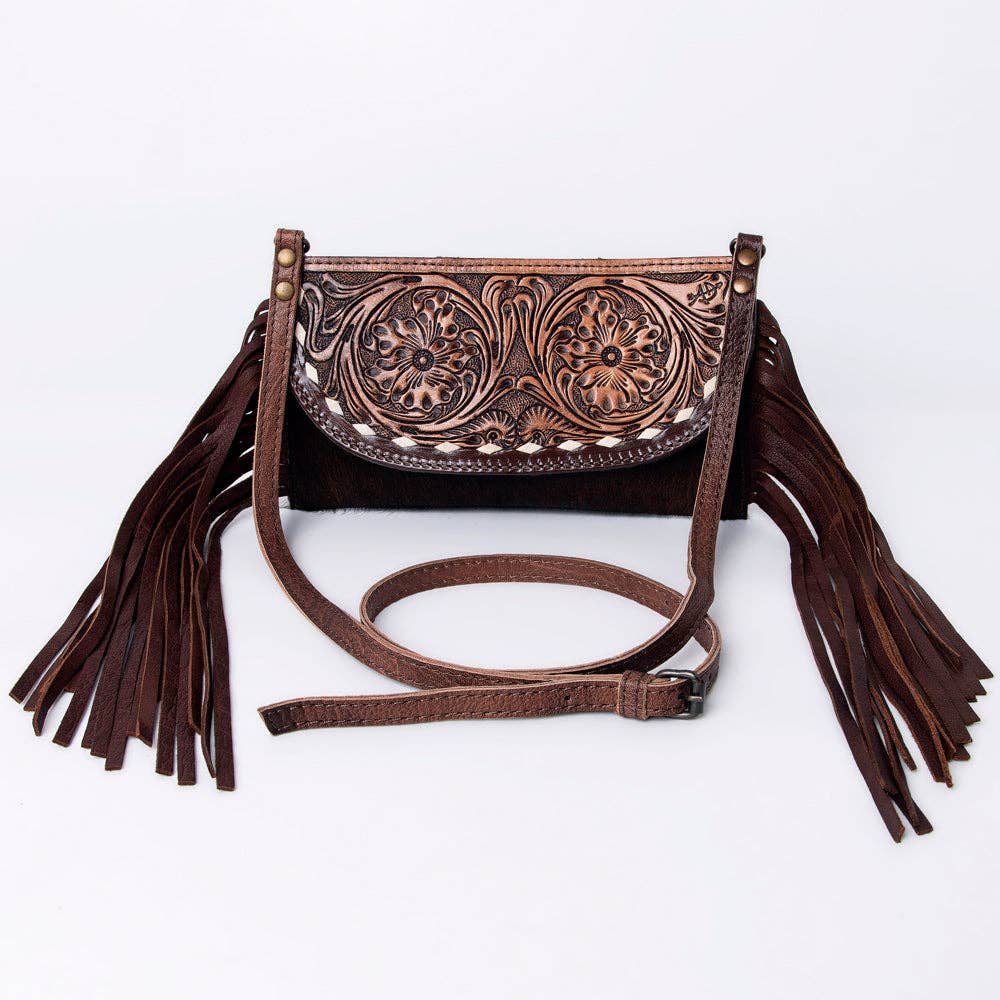 LC-ADBG924 Leather Crossbody with Hand-Tooled Floral Flap & Fringe: ADBG924B