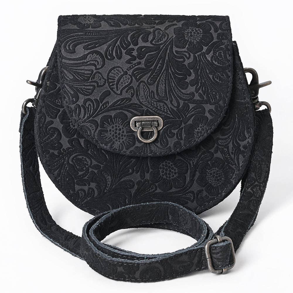 American Darling Black Tooled Leather Canteen Crossbody - Western Handmade Bag: ADBG1693