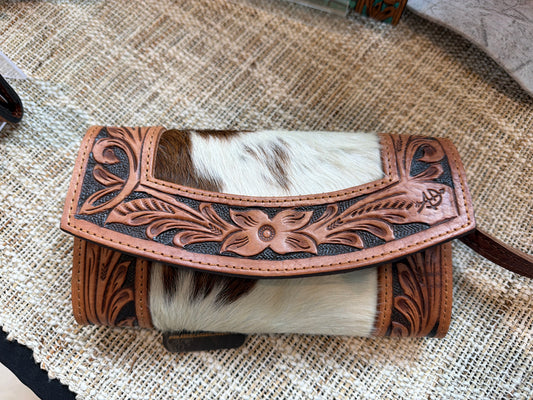 Cowhide Wallet with crossbody strap and wristlet.