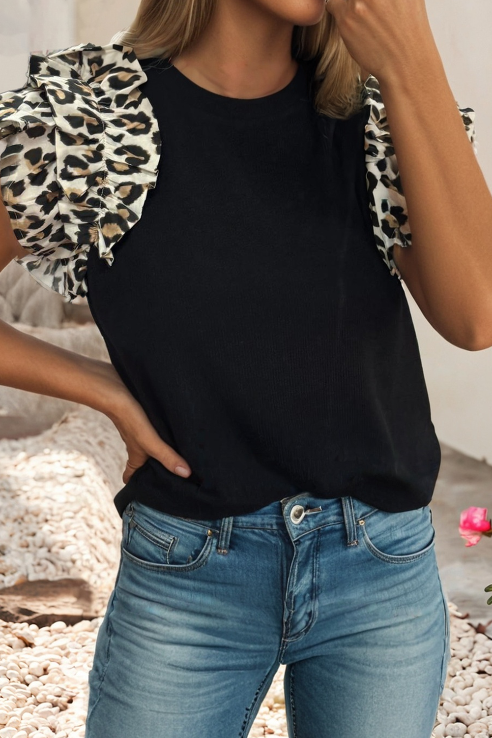 Knit Contrast Leopard Ruffled Sleeve Womens Loose Top: Black