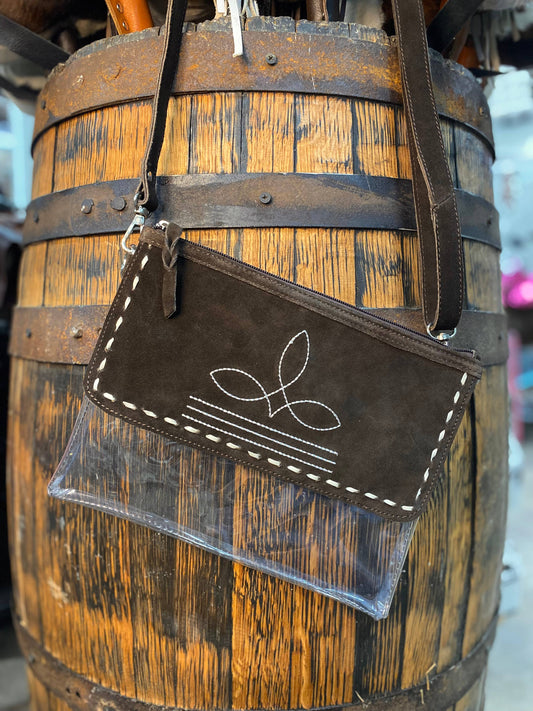 Clear Brown Suede Leather BootStitch Crossbody