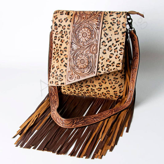 LC-ADBGZ124A Leopard Print Messenger Bag with Fringe and Tooled Leather Flap