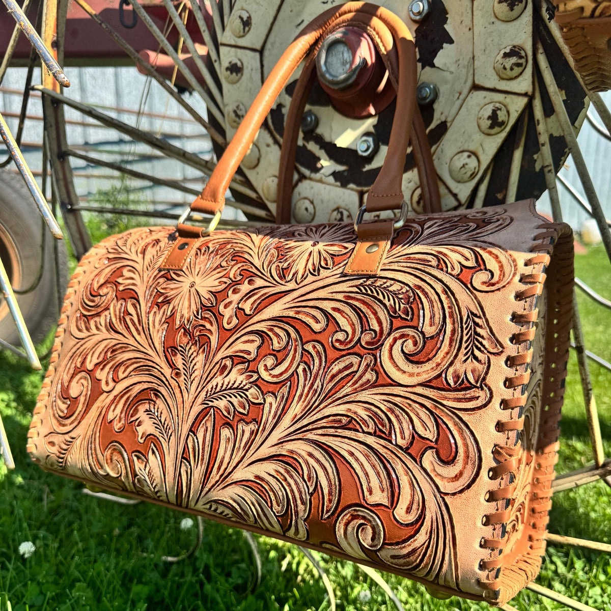 Tan Wild Daisy Heritage Speedy Western Genuine Leather Barrel Bag Purse by Double B: Medium