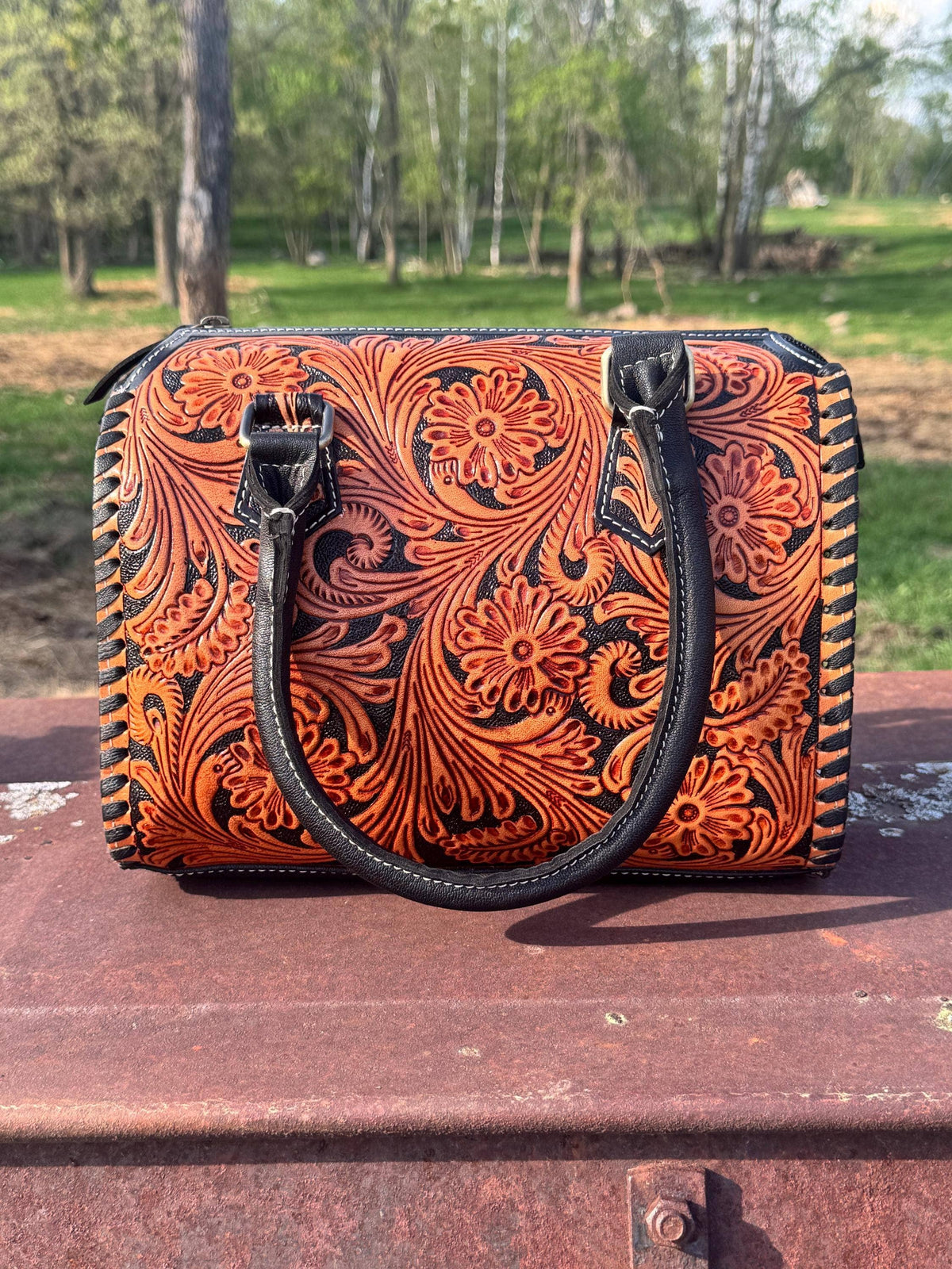 Western Nights Black Speedy Genuine Leather Barrel Bag Purse by Double B: Medium
