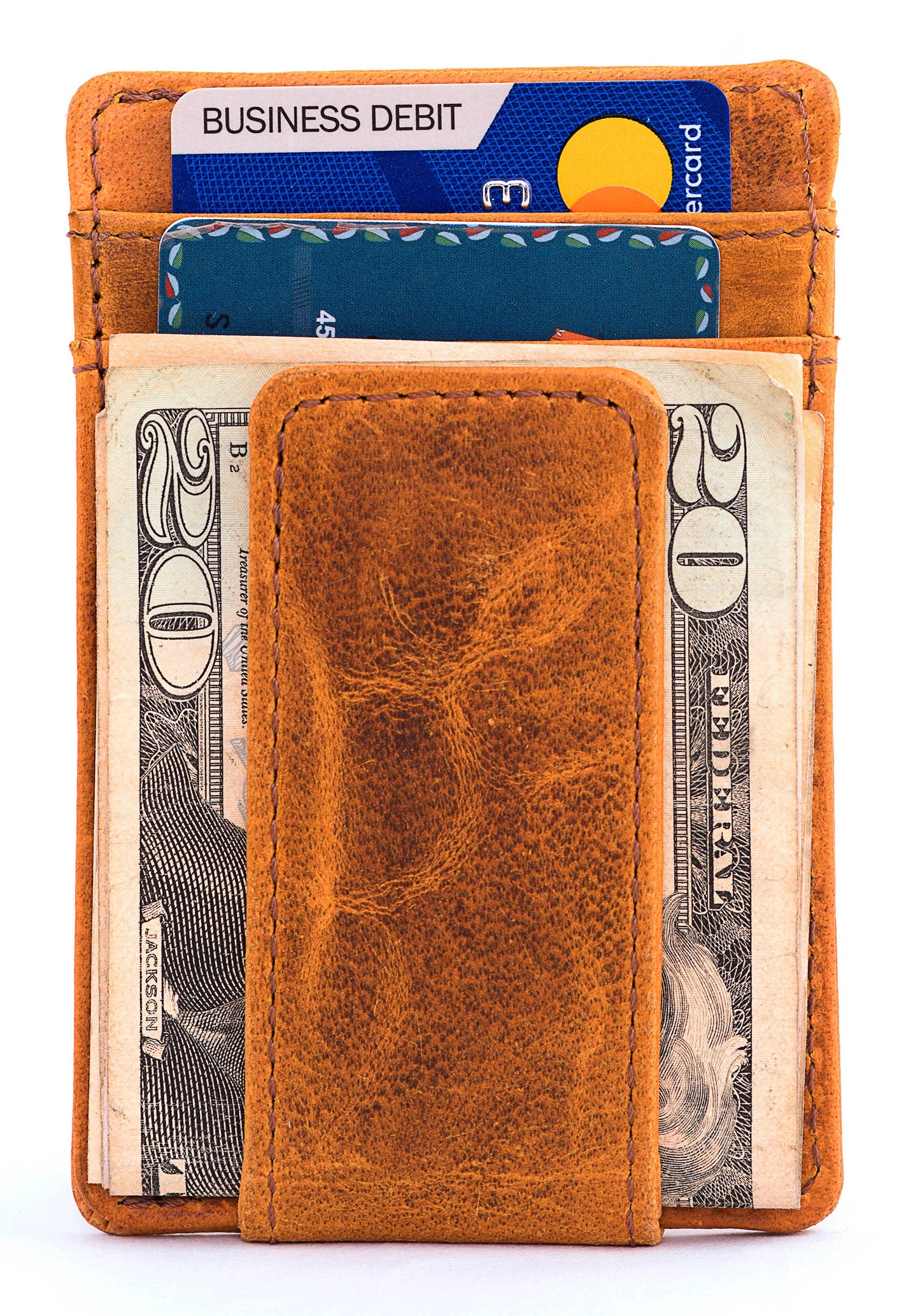 Leather Money Clip Wallet (Reddish Brown)