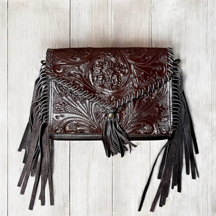 Brown hand tooled crossbody bag 
