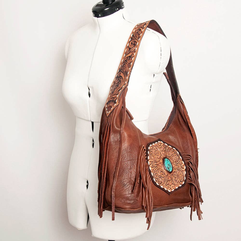ADBGA219 American Darling Hand Tooled Genuine Leather Hobo Bag Turquoise Concho Fringe: ADBGA219A