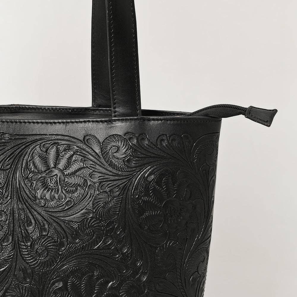 ADBGZ837A Black Hand-Tooled Leather Tote Bag Western Floral Elegance: ADBGZ837A