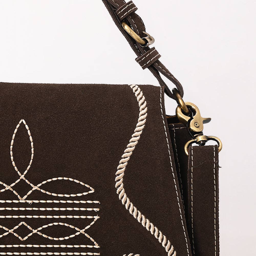 Dark Brown Crossbody Genuine Western Suede Leather women bag: ADBGA670B