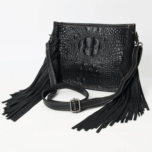 ADBG1579 Black Crocodile Embossed Leather Fringe Crossbody Bag: ADBG1579