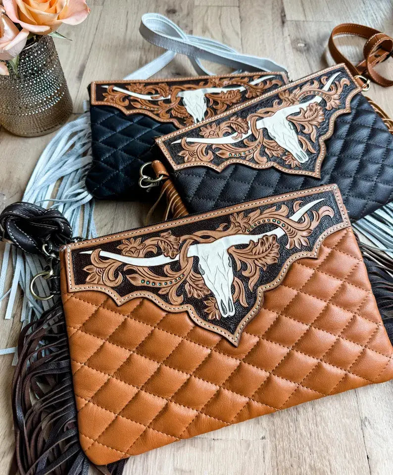 LAINEY CROSSBODY steer longhorn -quilted leather purse bag: BLACK