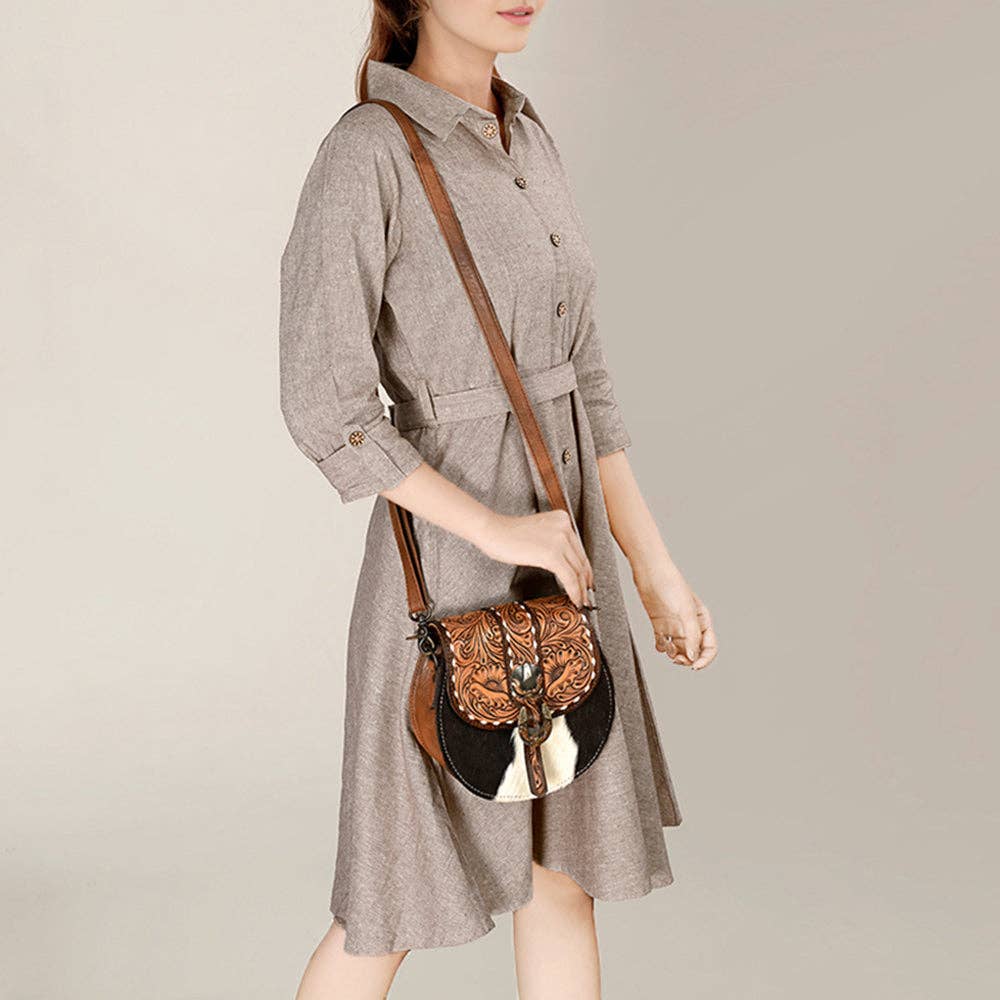 American Darling Canteen Western Hair-On Hide Crossbody with Tooled Accents and Adjustable Strap: ADBG1222B