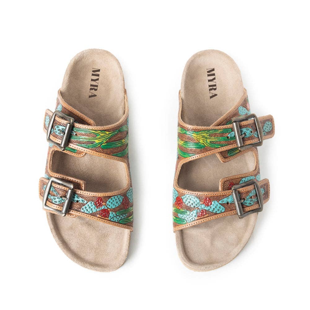 Myra Falling Feather Sandals In Green and Brown