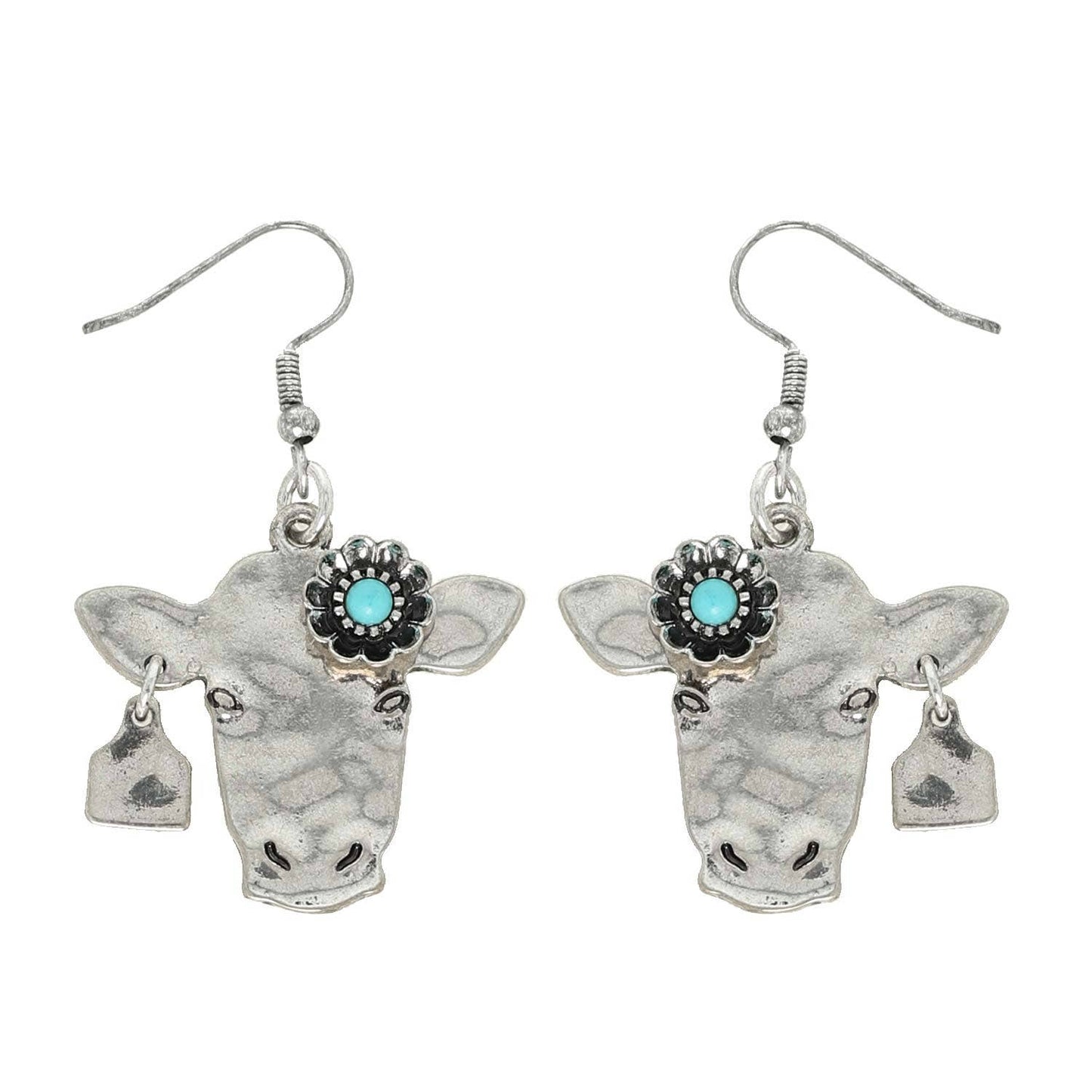 Western Turquoise Cattle Tag Cow Earrings: Silver