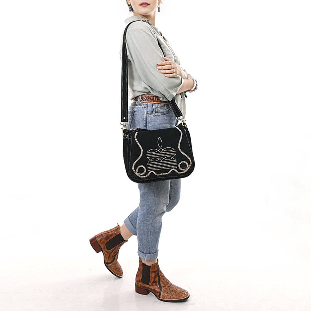 Black Crossbody Genuine Western Suede Leather women bag: ADBGA670A